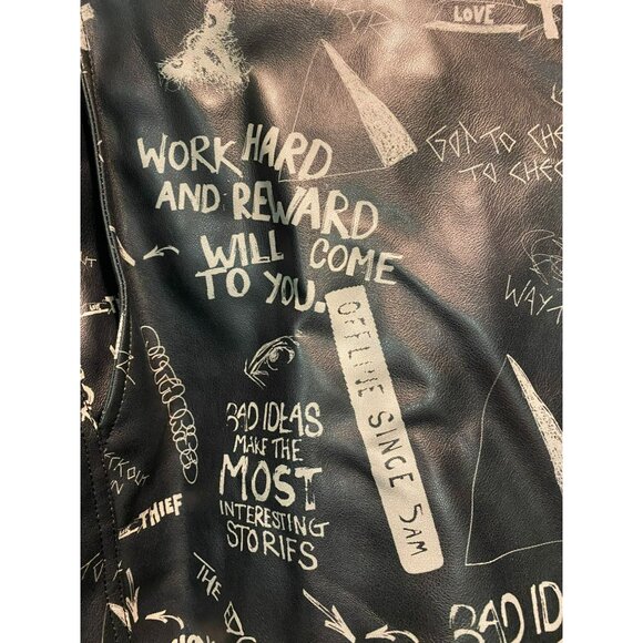 Rare ZARA Womens XL Black Faux Leather Graphic Graffiti Biker Jacket with Zipper - Picture 8 of 11